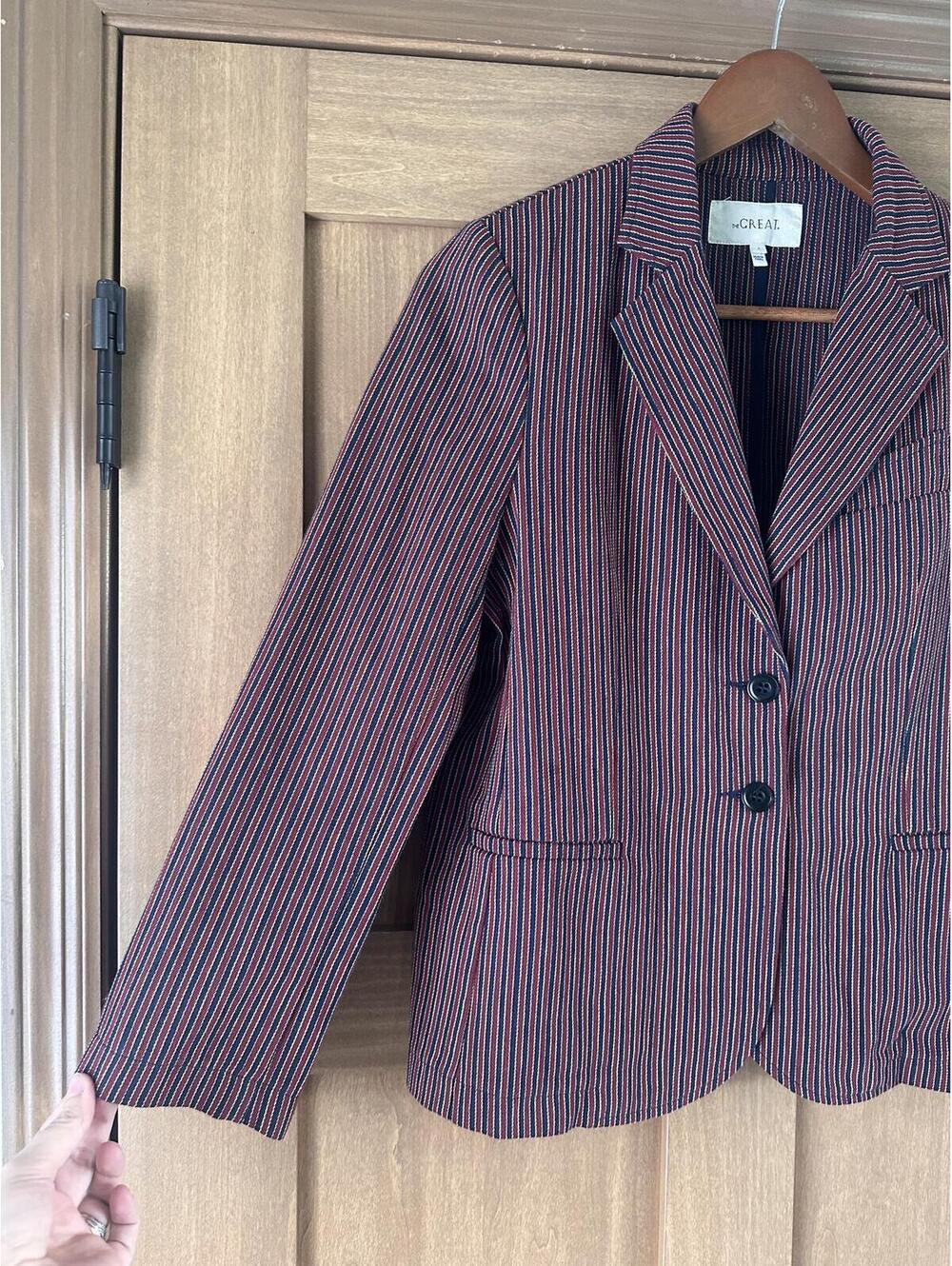 The GREAT. Shrunken Blazer Country Road Pinstripe Red Blue Women’s size 1 Small - Picture 2 of 14